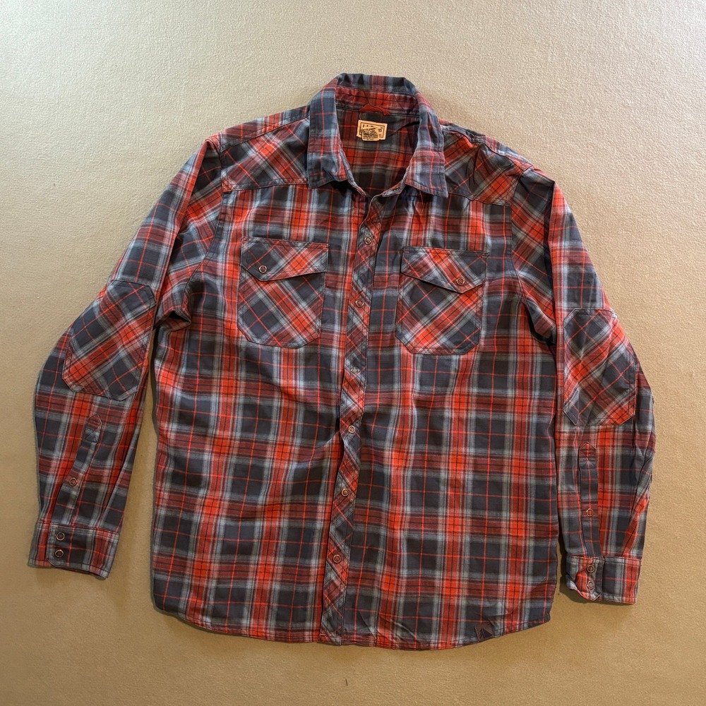 LL Bean Plaid Flannel Snap Shirt Mens L Red Grey Wool Blend Elbow Patch Western